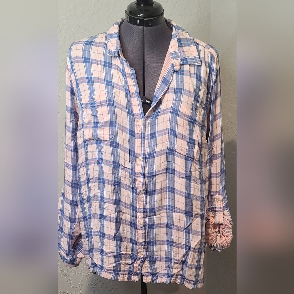 Indigo roll tab sleeve button-up flannel long sleeve shirt blue/pink women's XL